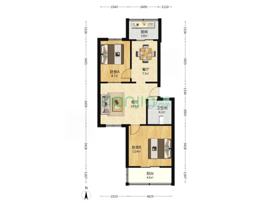 海红第二住宅小区 2室2厅1卫 68平方