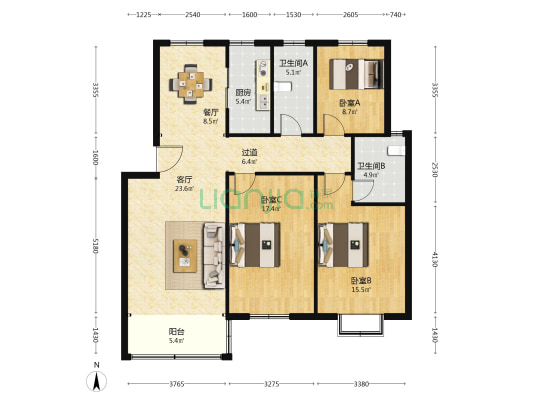 联民南区 3室2厅2卫 124平方