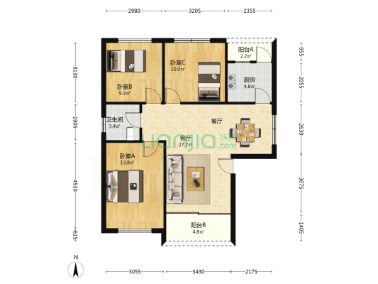 月堂二街东3号 3室1厅1卫 93平方