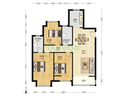 锦绣四季花园 3室1厅2卫 120平方