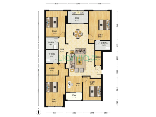 凤栖花苑 5室1厅3卫 168平方