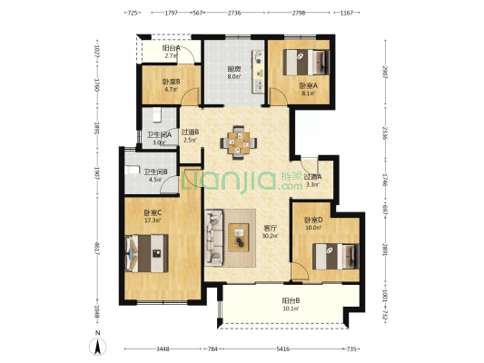 亚新美好未来苑 4室1厅2卫 124平方
