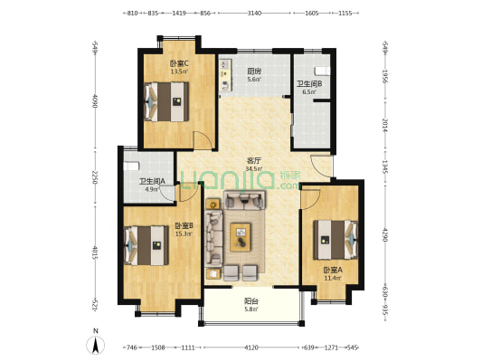 栖凤园 3室1厅2卫 118平方