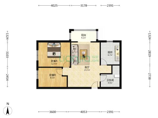 翡翠城 2室1厅 西 北-户型图