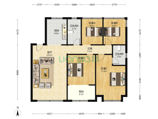 置地中心二期 4室1厅2卫 143平方