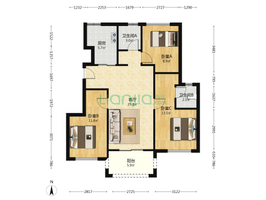 世茂帝封江A区 3室1厅2卫 88平方