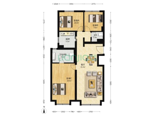 天竺悦府 3室1厅2卫 128平方