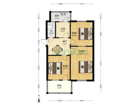 东三街16号院 3室1厅1卫 70平方