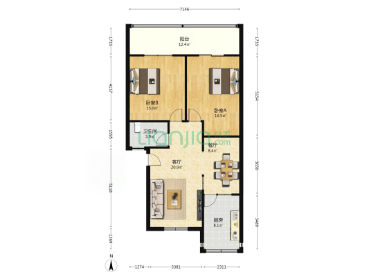 金凤苑 2室2厅1卫 103平方