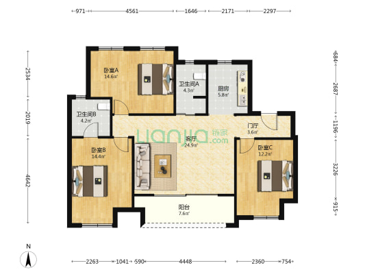 江南禾风云庭 3室1厅2卫 109平方