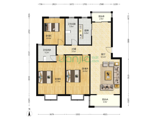 栖凤园 3室1厅2卫 128平方