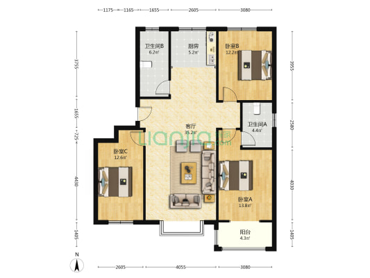 双卫 南北通透3居 高楼层 毛坯 有本-户型图