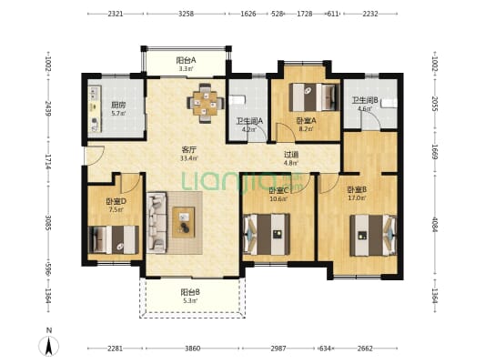 美的置业广场 4室1厅2卫 141平方