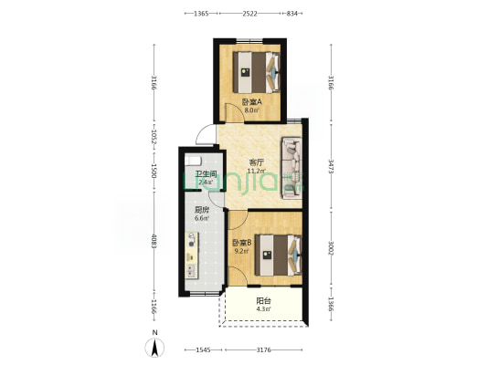 二化新村二区 2室1厅1卫 58平方