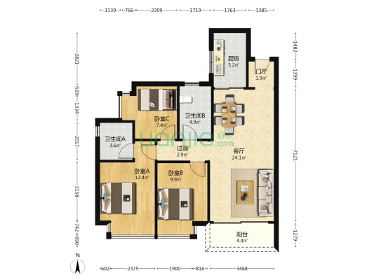 万象连城 3室1厅2卫 101平方