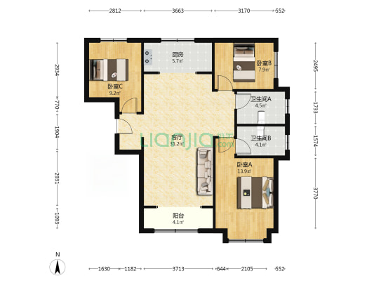 印象城，大社区，南北通透，双明卫大三居，中间楼层-户型图