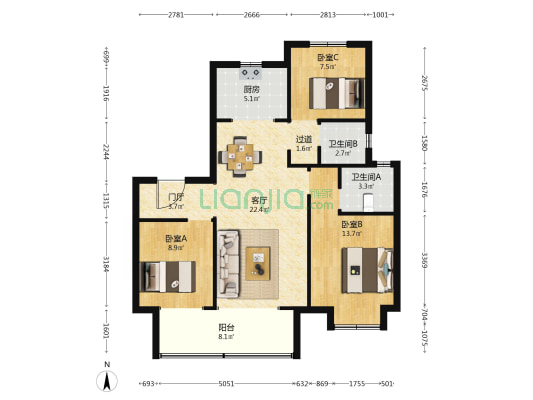 万籁拾光 3室1厅2卫 105平方