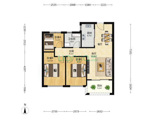 裕华城书山苑 3室1厅1卫 87平方
