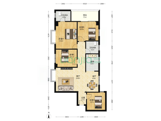 藏风苑 4室2厅2卫 133平方