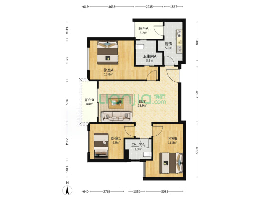 朗诗乐府领澜 3室1厅2卫 95平方