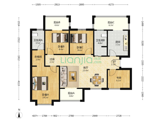 万象春天三期 4室1厅2卫 116平方