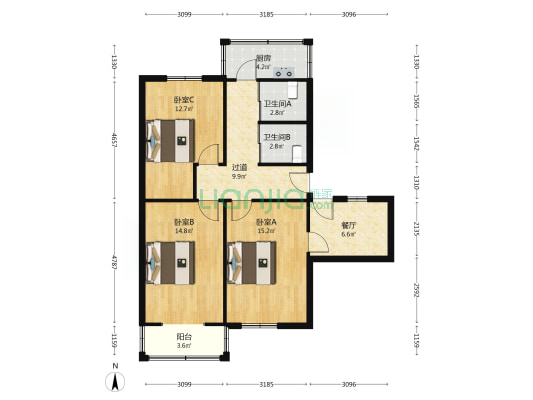 建设北路175号 3室1厅2卫 86平方