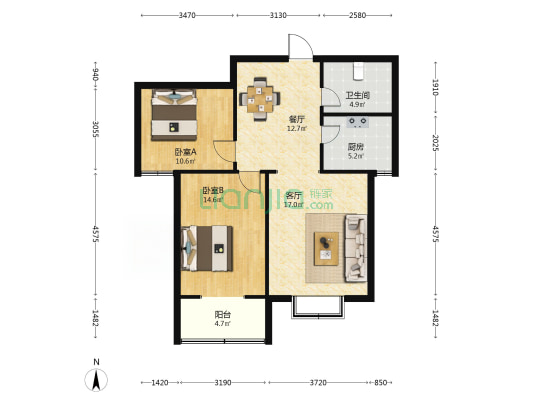 四季花园 2室2厅1卫 98平方