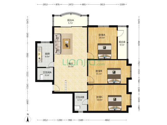福建省计委宿舍 3室1厅2卫 130平方