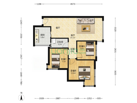 水天花月兰亭旭 3室1厅1卫 69平方