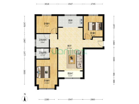 鹏渤·印象城 3室2厅 南 北-户型图