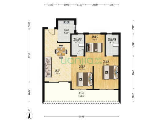 恺德雲麓 3室1厅2卫 92平方