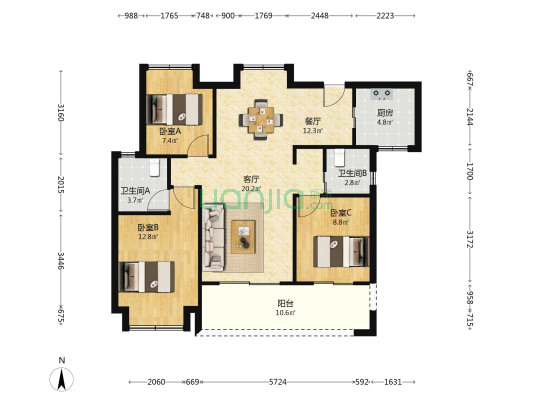 宝龙融信海纳天地 3室2厅2卫 102平方