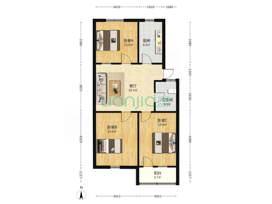 张北梦实小区 3室1厅1卫 89平方