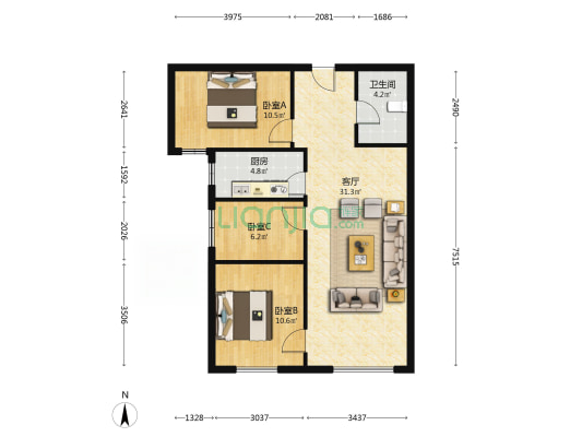 业主自住标准精装修，朝南三居，中间楼层-户型图