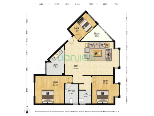 北泉商住楼 3室1厅2卫 119平方
