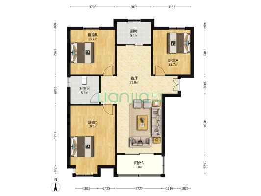 盛江花苑松竺园 3室1厅1卫 105平方