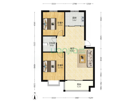锦厦新城二期 2室1厅1卫 87平方