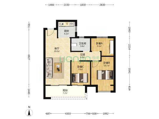 富田城九鼎华府十号院 3室1厅1卫 87平方