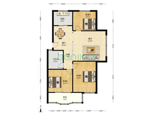 信华房产 3室2厅1卫 115平方
