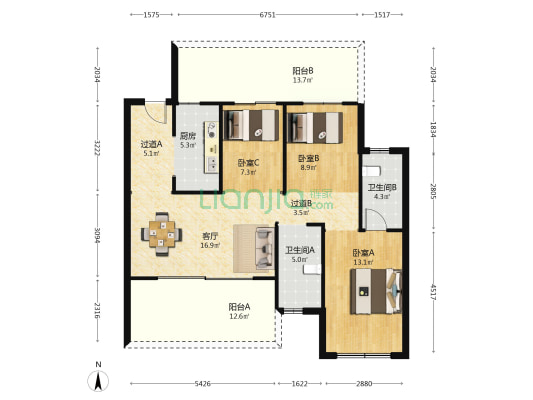 恺德雲麓 3室1厅2卫 116平方
