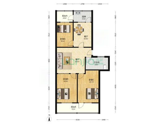 创业公司宿舍 3室2厅1卫 113平方