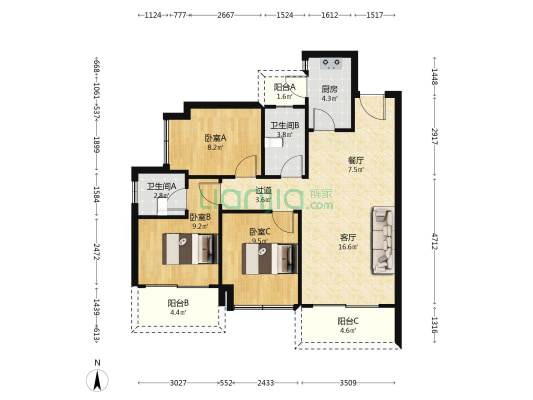 杰阳天成 3室2厅2卫 94平方