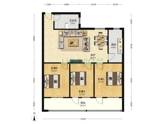 通发公寓 3室1厅1卫 118平方