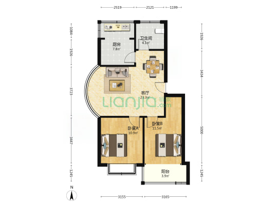 碧海蓝天花园 2室1厅1卫 77平方