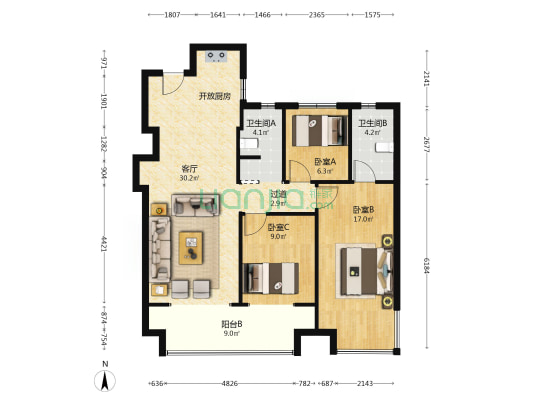 招商林屿境 3室1厅2卫 98平方
