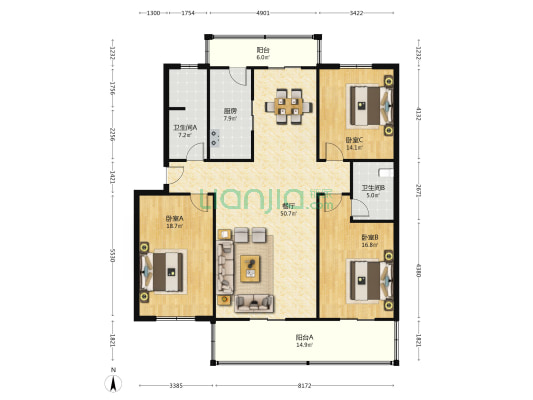 东旭花园 3室1厅2卫 170平方