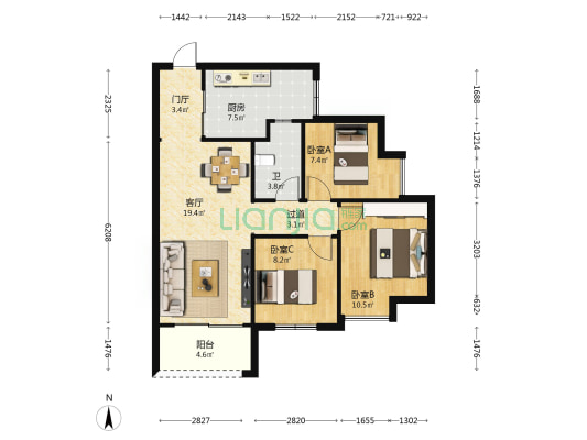 建桥揽江阁 3室1厅1卫 90平方