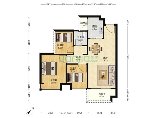 康桥公馆 3室1厅1卫 88平方