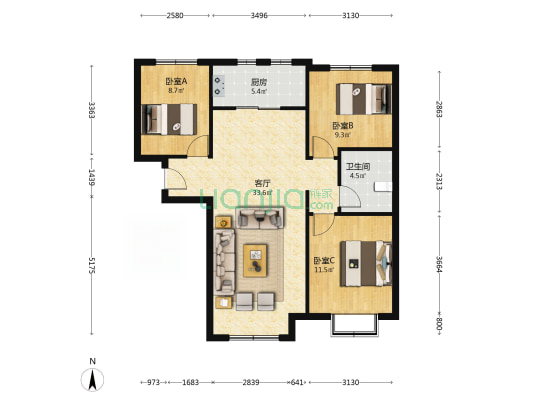 鸿坤精装南北三居室，正对高铁站通勤方便，可直接出租-户型图