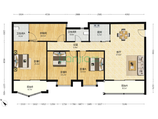 辉达楼 3室1厅2卫 153平方